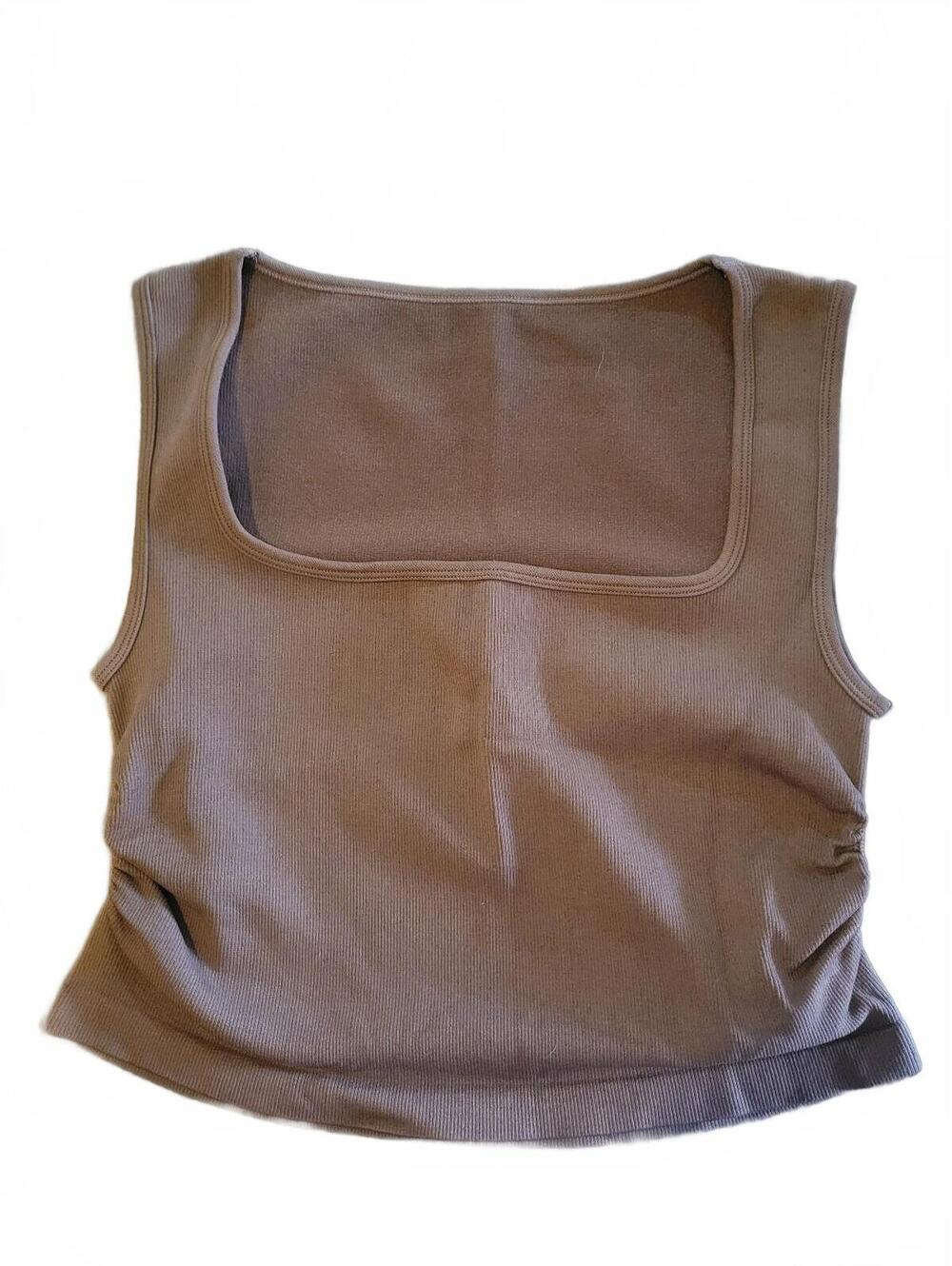 Women's Ribbed Square Neck Crop Tank Chocolate Brown Ruched Side Y2K Size XL